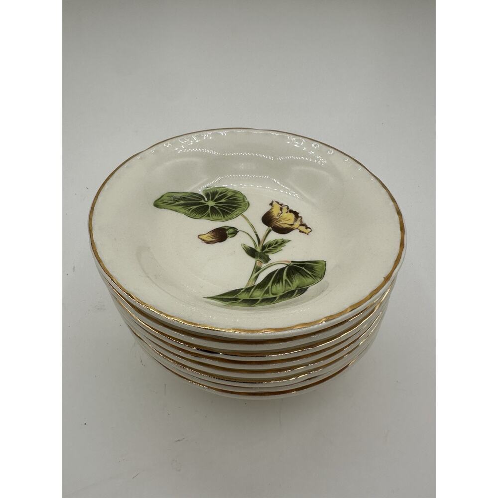 Set of 8 Vintage Thewalt Cooksville Dessert Bowls Gold Rim Floral USA Pottery